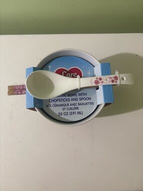 Care Bears White Ceramic Bowl with Pink Floral Spoon and Chopsticks